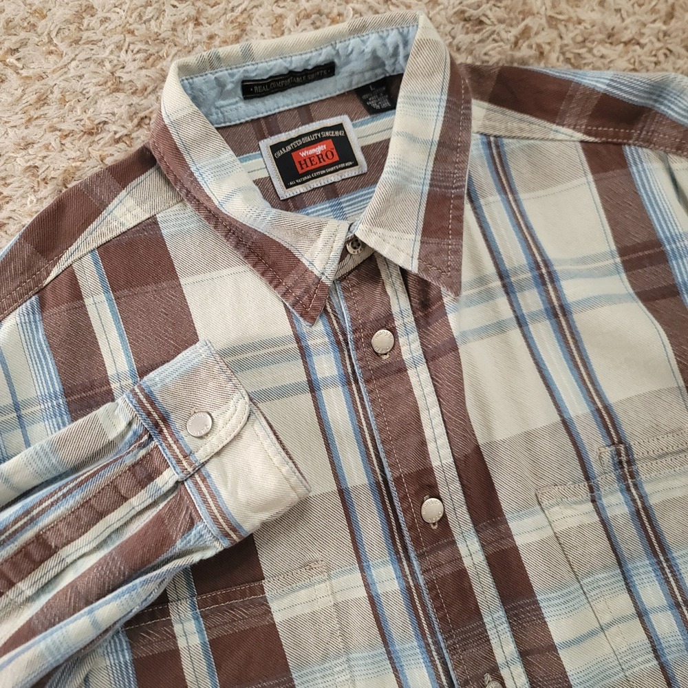 Wrangler Hero Plaid Button Down Shirt Mens Large Brown Cream Blue‎ Cotton L/S